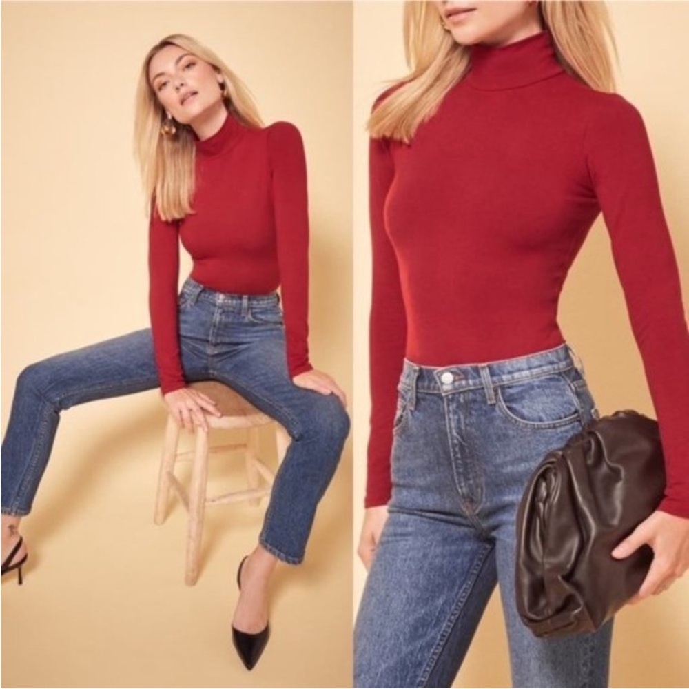 ❤️ Reformation Jeans Red Turtleneck Bodysuit